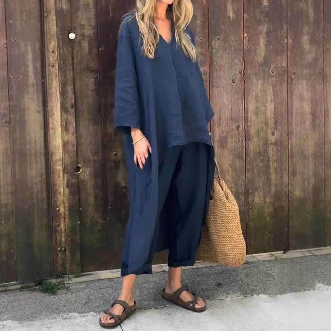 Loose V-Neck Set With Pockets – 2pcs Suit - ZA-Zola