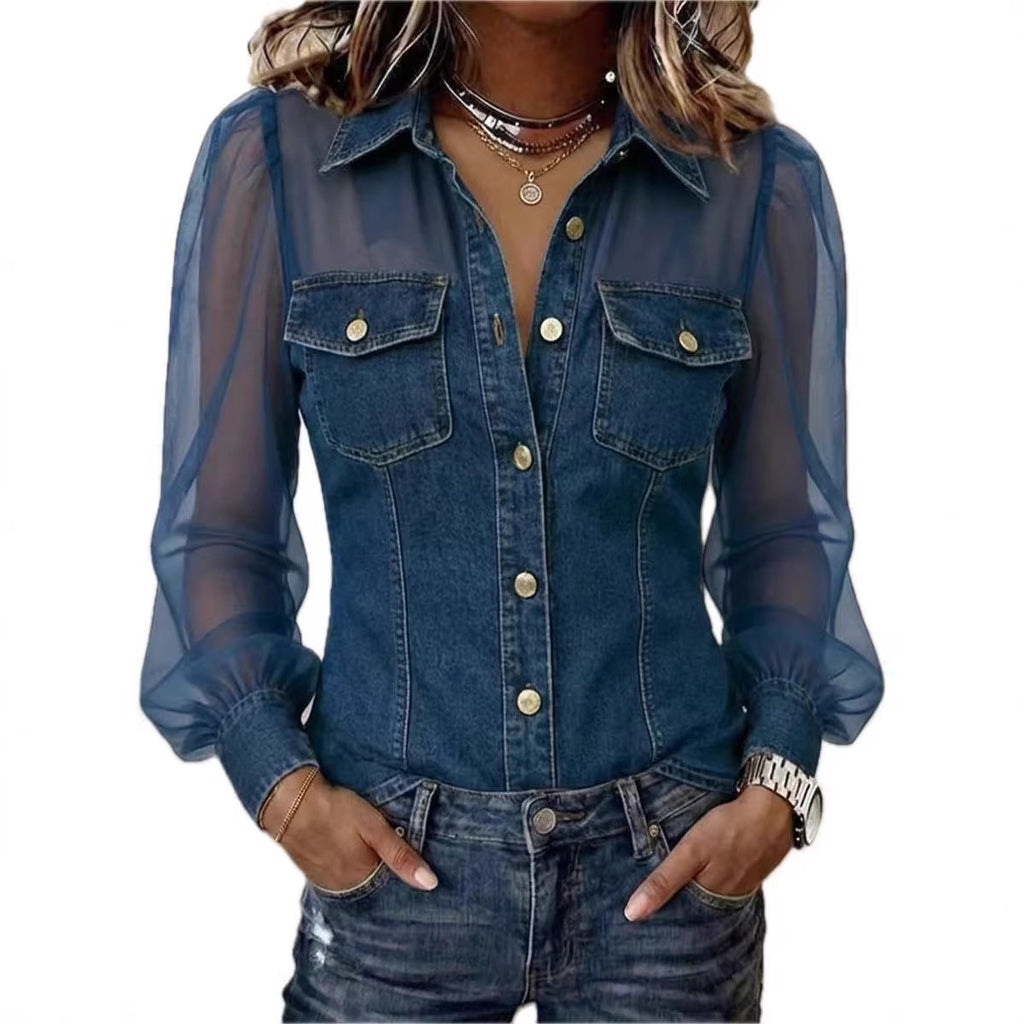 Blue denim shirt with sheer overlay worn by a person on a white background