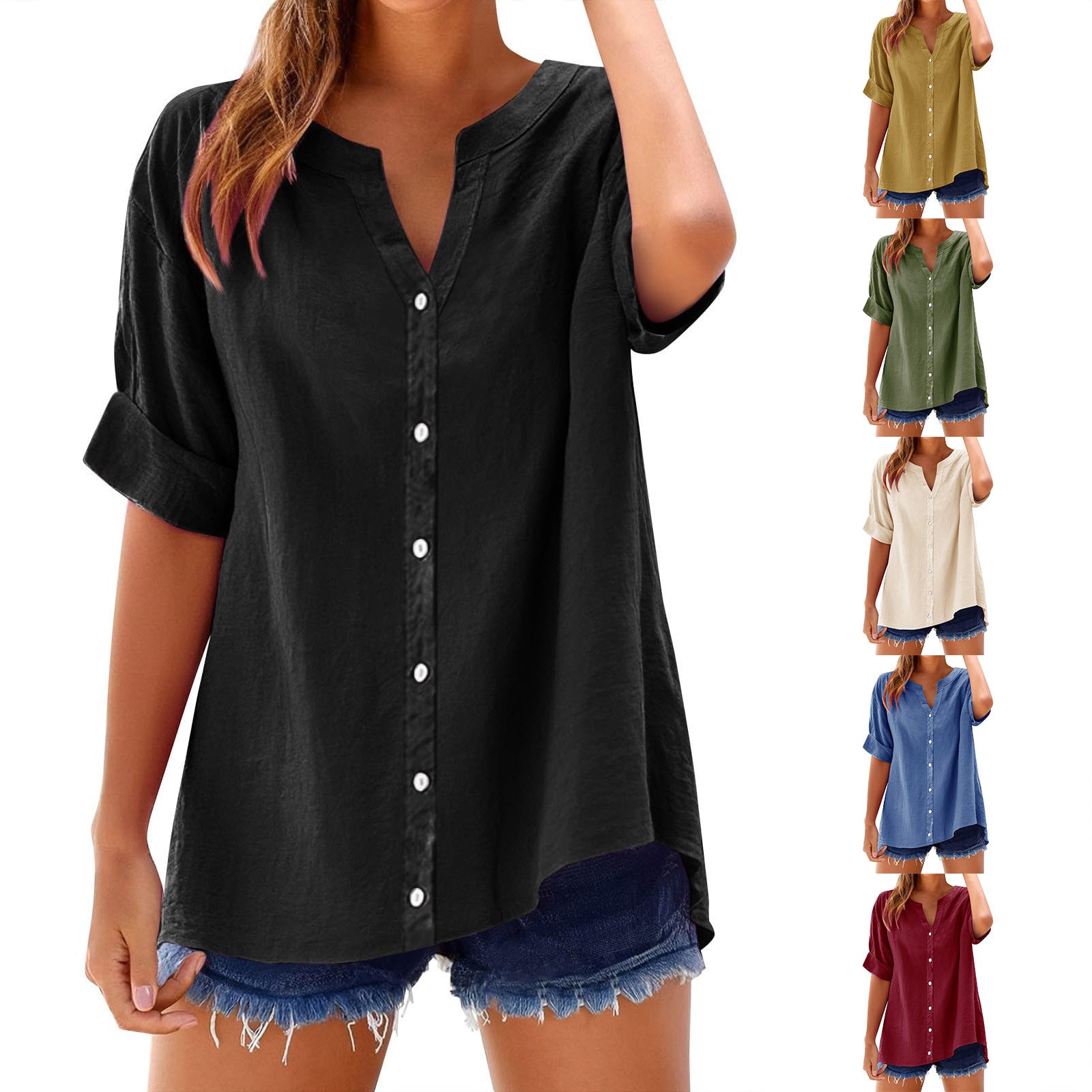 Black button-up shirt worn by a person with color options displayed below.