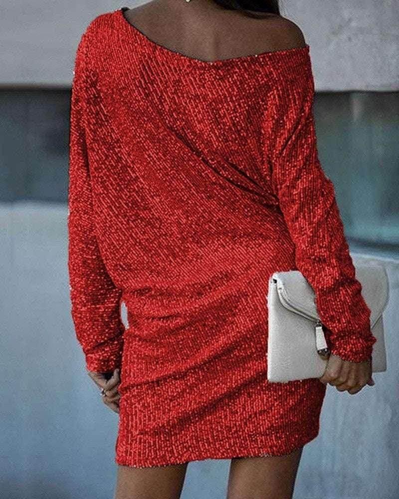 Oblique Shoulder Sequin Party Dress - ZA-Zola