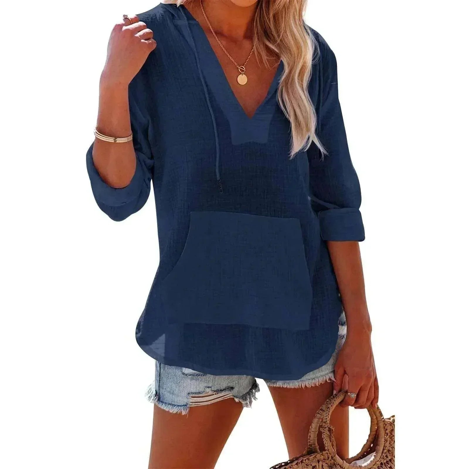 Women's V-Neck Hooded Cotton Split Shirt - ZA-Zola