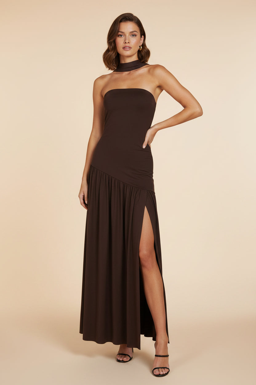 Brown halter neck dress on a mannequin against a white background