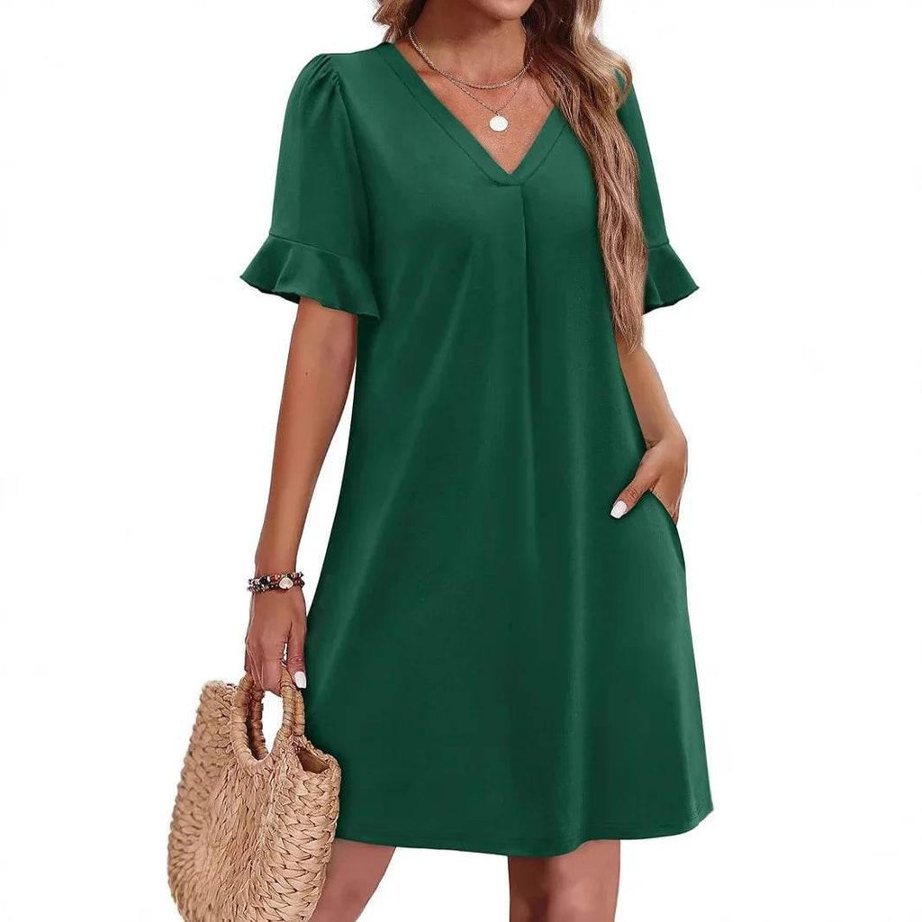 V-Neck Ruffled Vacation Dress with Pockets – Women - ZA-Zola
