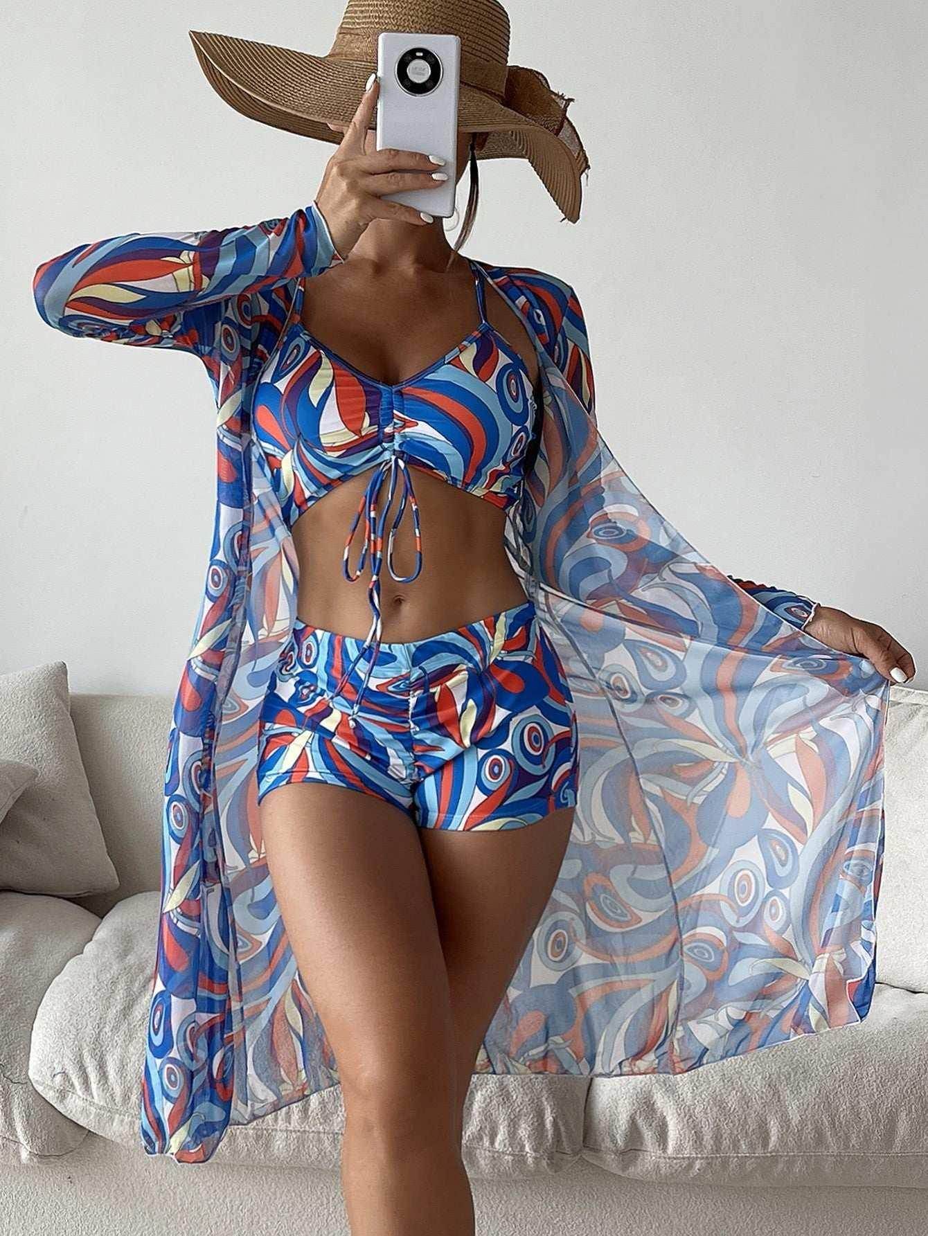 Floral Bikini Set with Long Sleeve Cardigan | ZA-Zola - ZA-Zola