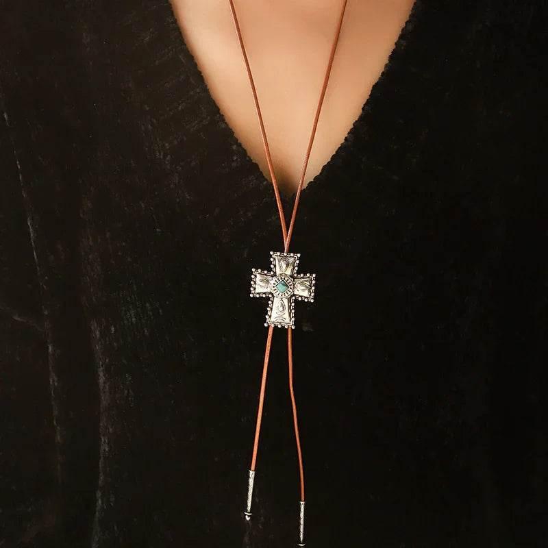 Retro Turquoise Cross Necklace – Heart Pendant Gift - ZA-Zola