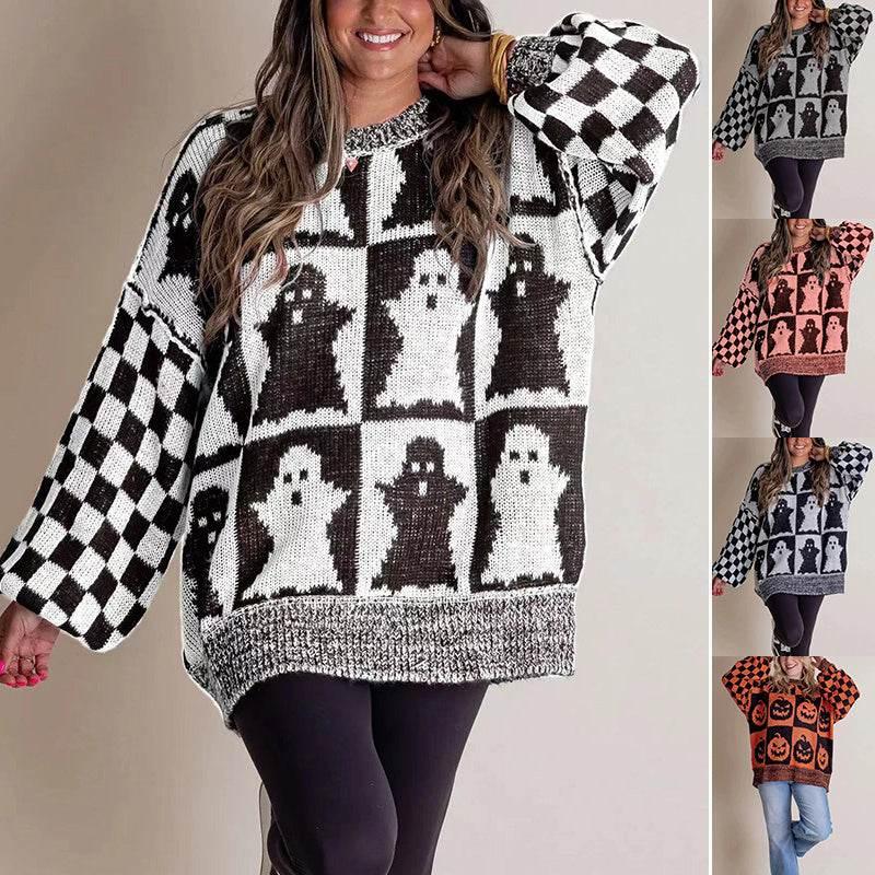 ZA-Zola Halloween Ghost Checkerboard Pullover Sweater - ZA-Zola