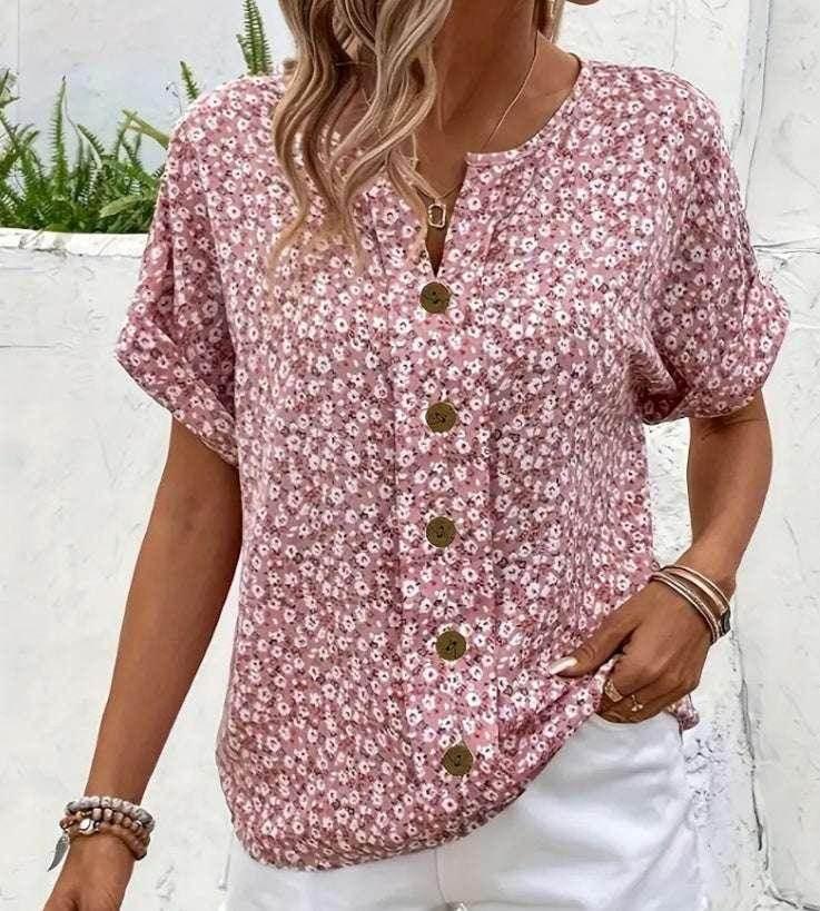 Jacquard V-Neck Short Sleeve T-Shirt – Pink - ZA-Zola