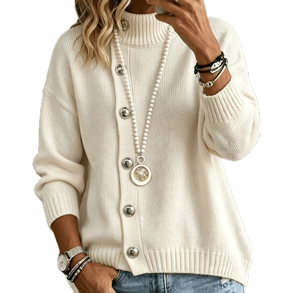 A woman wearing a cream-colored ribbed knit cardigan sweater with silver buttons, styled with a long pearl necklace and bracelets, set against a plain white background.
