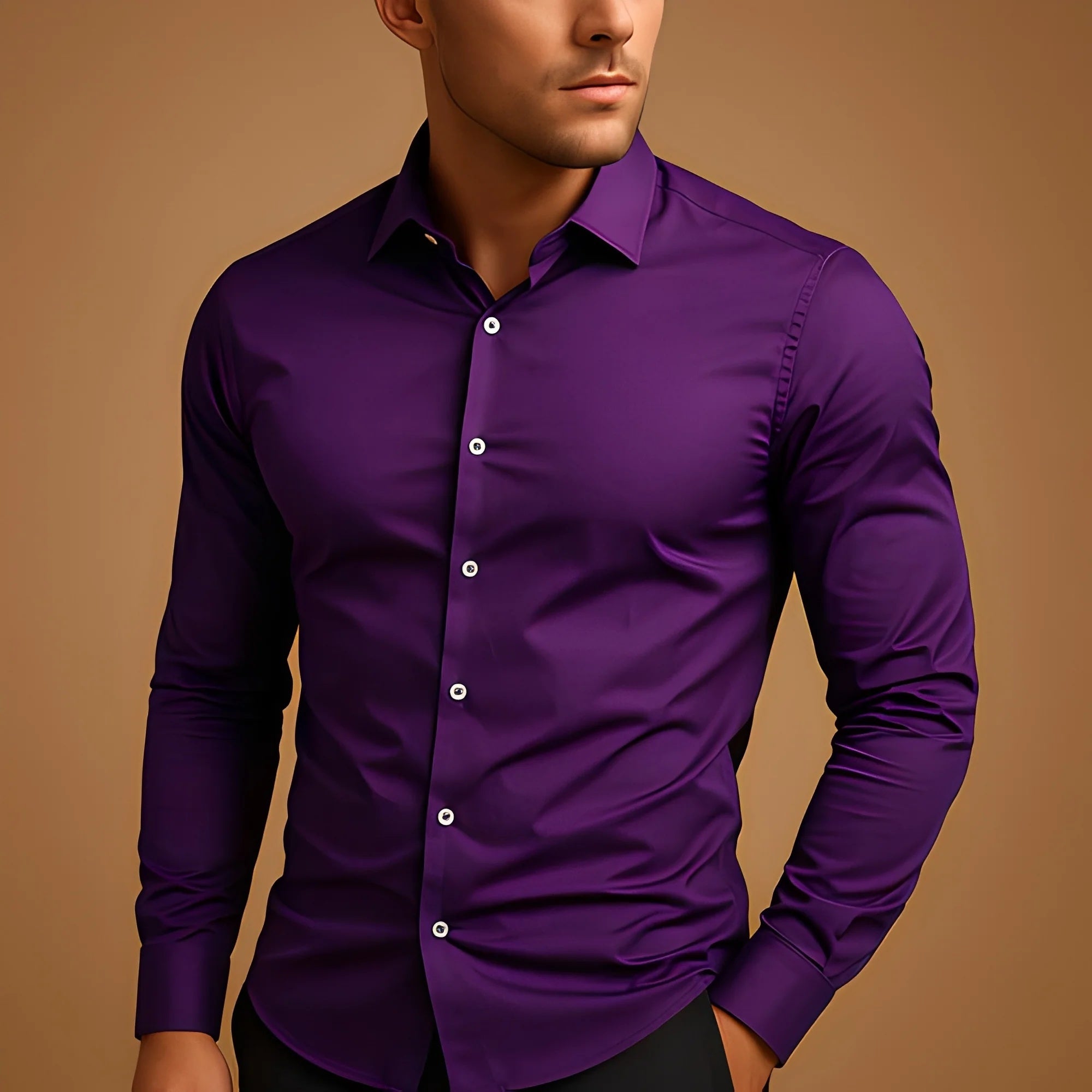 Man wearing a purple dress shirt against a brown background