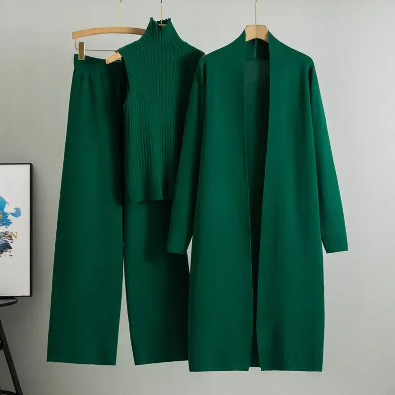 Women Knitted Three Piece Set – Stylish Vest, Cardigan & Pants Outfit - ZA-Zola
