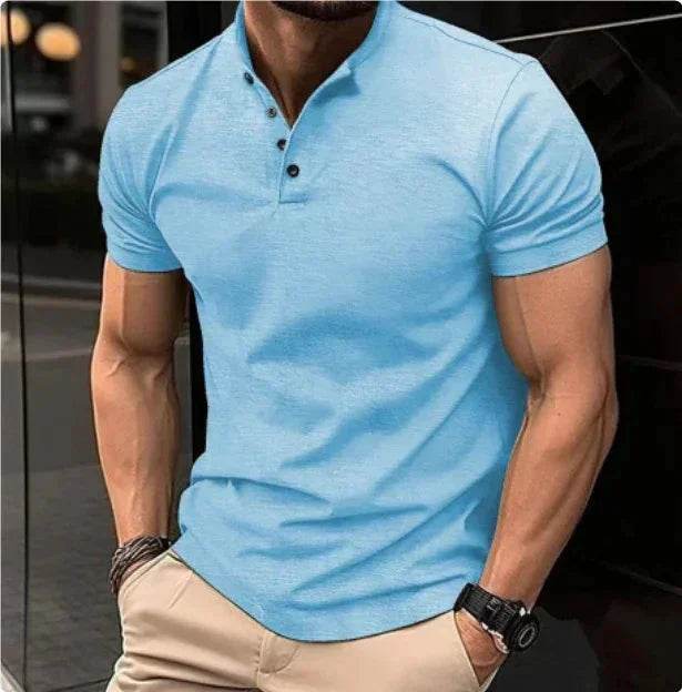 Men's light blue short sleeve polo shirt, casual fit, styled with beige trousers, ZA-Zola fashion