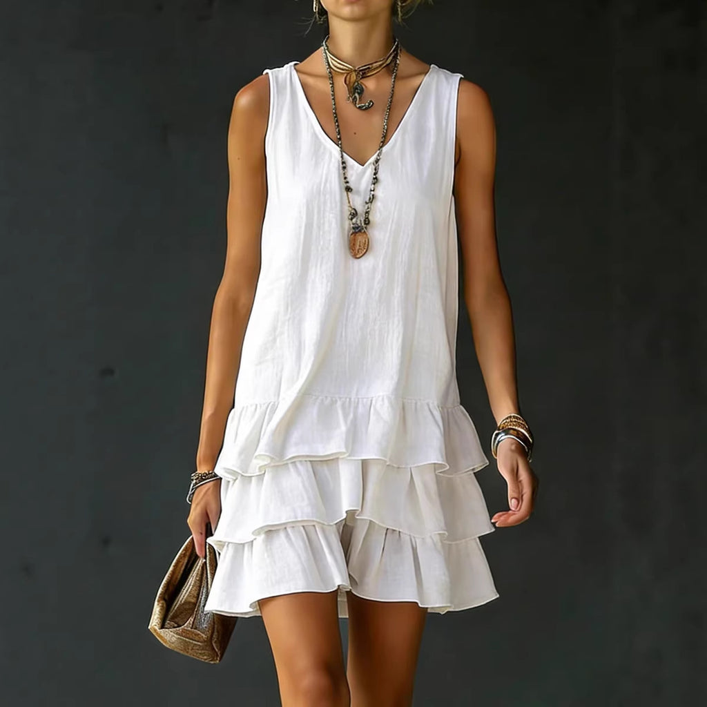 V-Neck Cotton Linen Women's Sleeveless Dress – Fashionable Mid-Length Straight Sundress