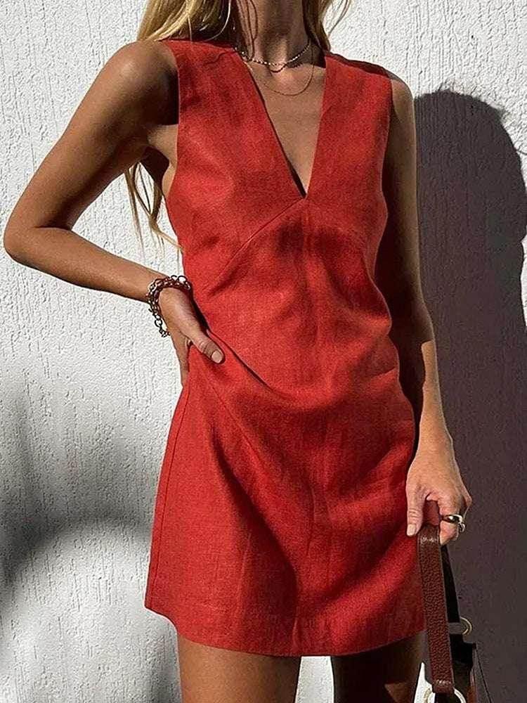 Women's V-Neck Cotton Linen Sleeveless Dress | ZA-Zola - ZA-Zola