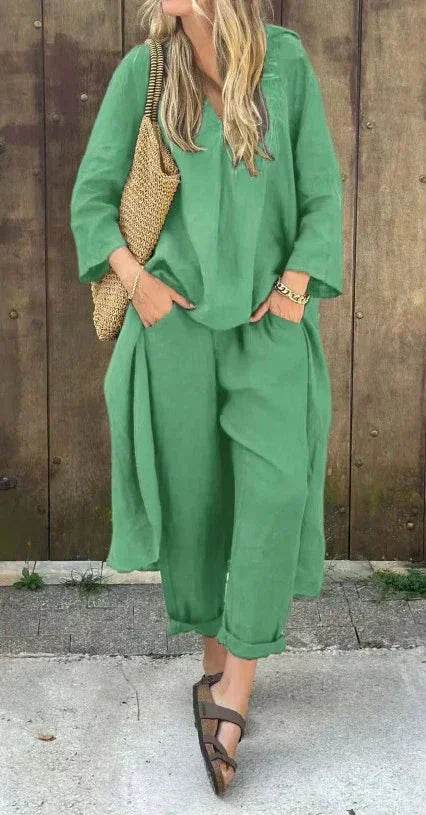 Loose V-Neck Set With Pockets – 2pcs Suit - ZA-Zola