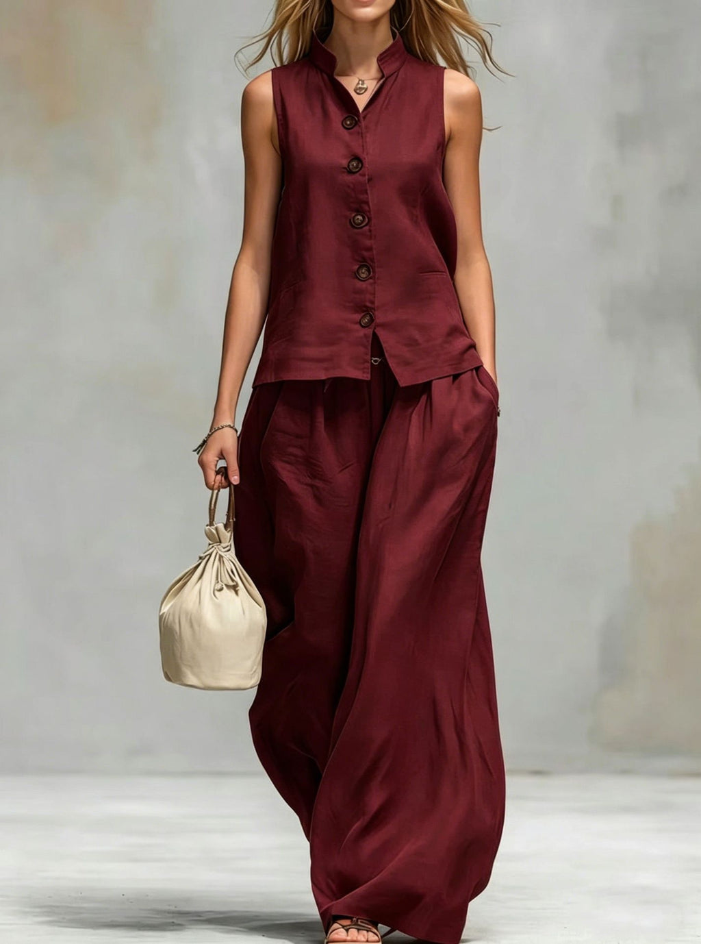 Woman wearing a burgundy sleeveless top and wide-leg pants, holding a beige handbag against a neutral background.