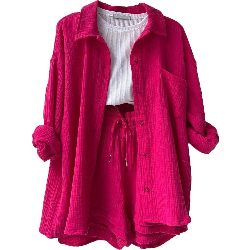 ZA-Zola hot pink shirt and shorts set with white ribbed top, trendy UK fashion