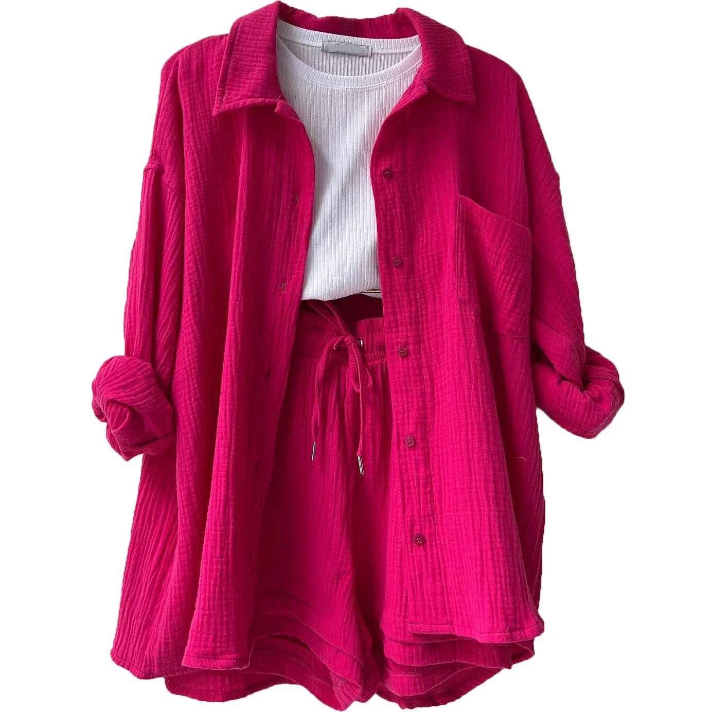 ZA-Zola hot pink shirt and shorts set with white ribbed top, trendy UK fashion