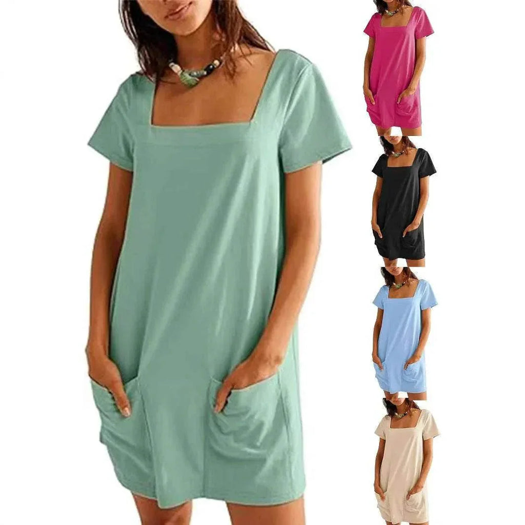 Square Collar Casual Short Dress with Pockets - ZA-Zola