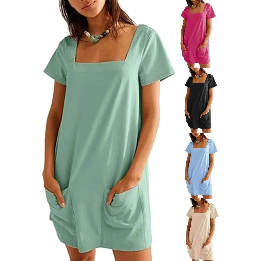 Square Collar Casual Short Dress with Pockets - ZA-Zola