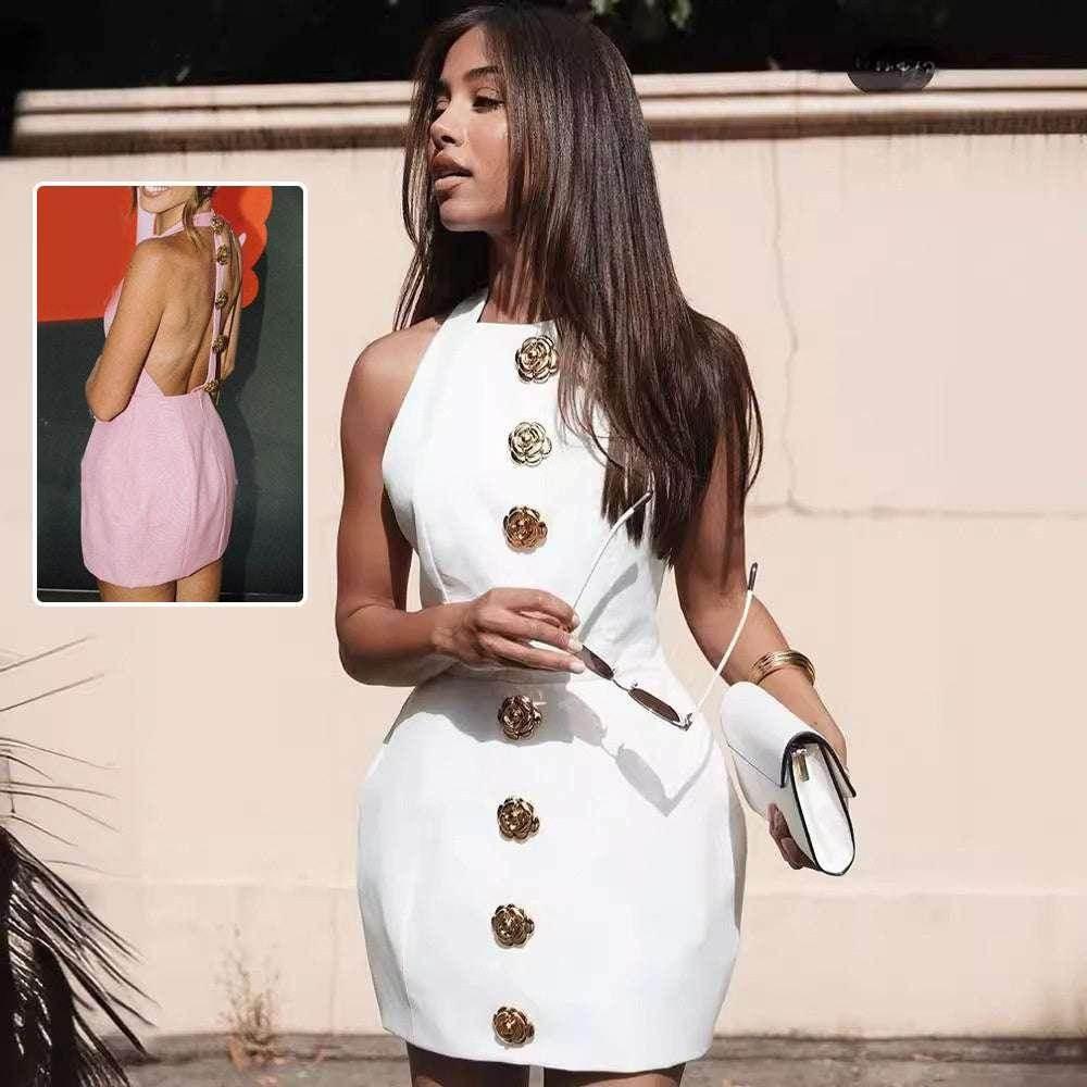 Sweet Sleeveless Backless Dress with Rose Button Design - ZA-Zola