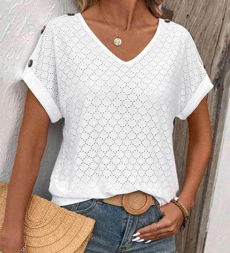 Button Jacquard Loose Summer T-Shirt for Women - ZA-Zola