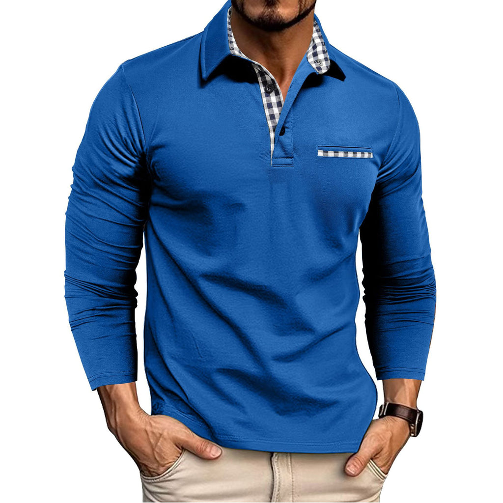 Men’s Plaid Splicing Polo Shirt – Casual Long Sleeve Lapel Top