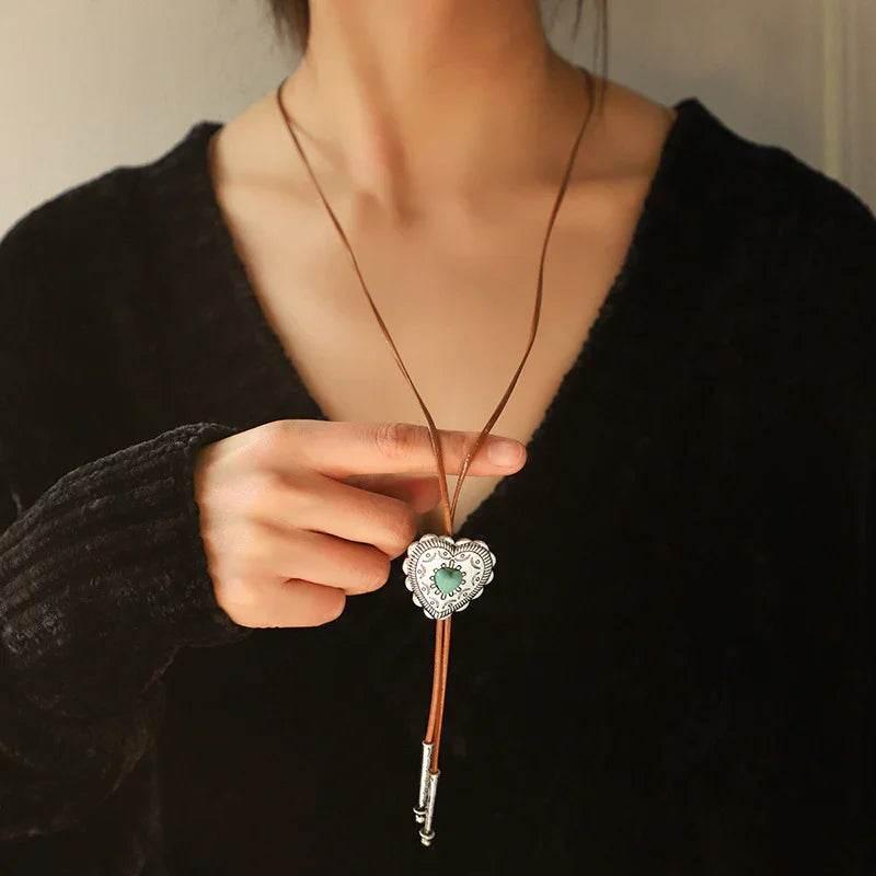 Retro Turquoise Cross Necklace – Heart Pendant Gift - ZA-Zola