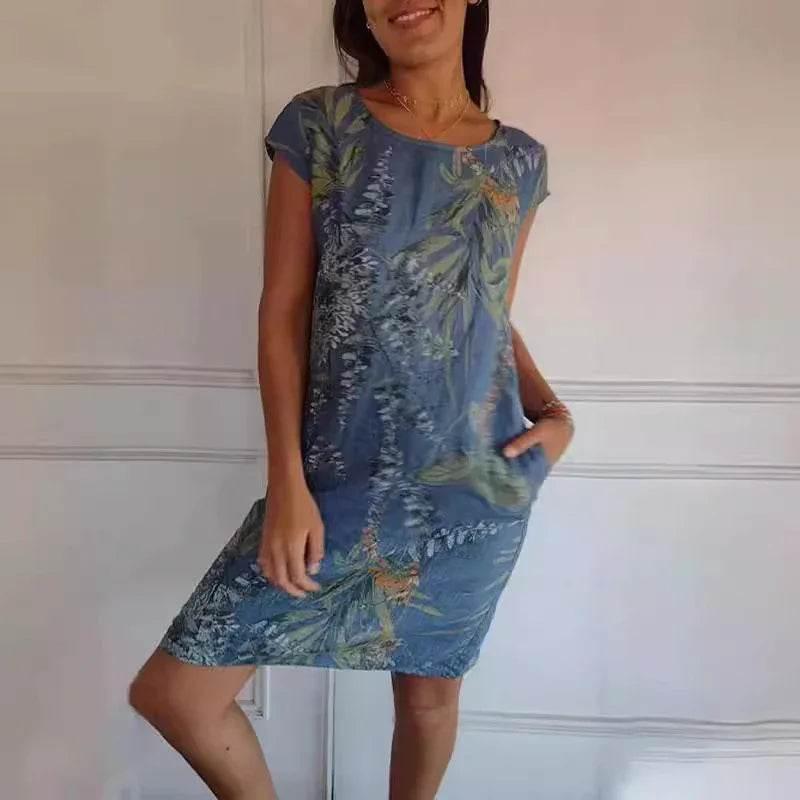 Floral Leaf Print Cotton Summer Dress with Pockets - ZA-Zola