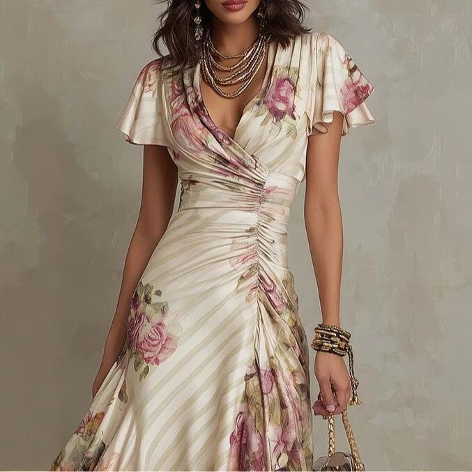 Women's Printed V-Neck Defined Waist Ruffled Hem Maxi Dress