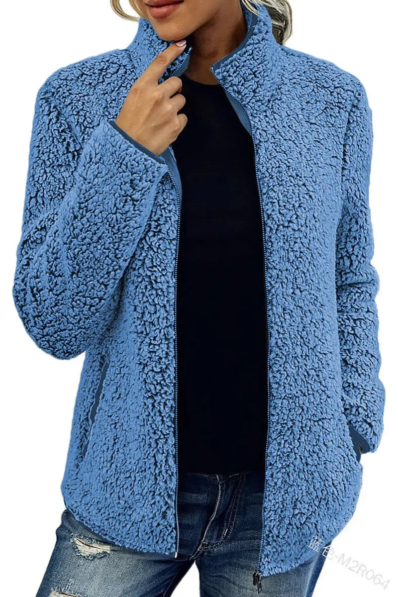 Women Bubble Velvet Sweatshirt – Warm Zipper Stand Collar Top - ZA-Zola
