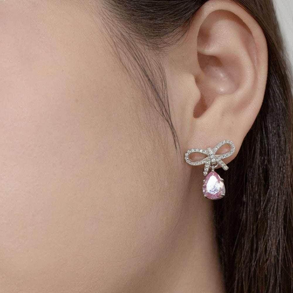 S925 Pink Pear-Shaped Bow Earrings – Elegant Women's Jewelry - ZA-Zola