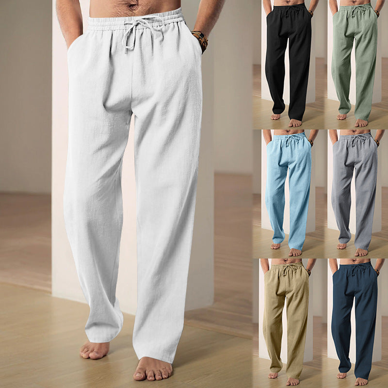 Collage of different colored pants worn by a person on a plain background