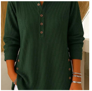 V-Neck Button Sweater Top | Women's Long-Sleeved Blouse