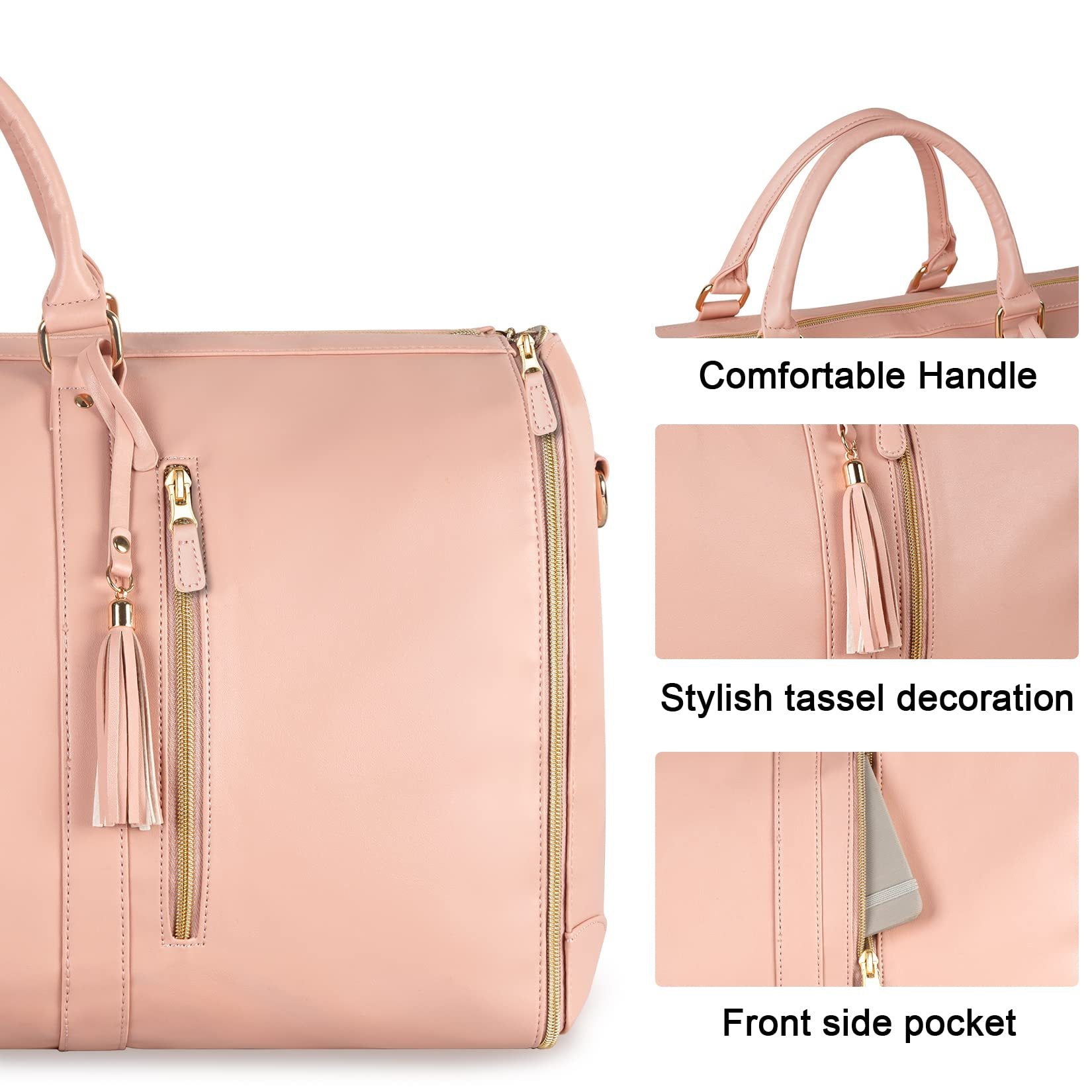 Pink duffel bag with tassels and front pocket on a white background