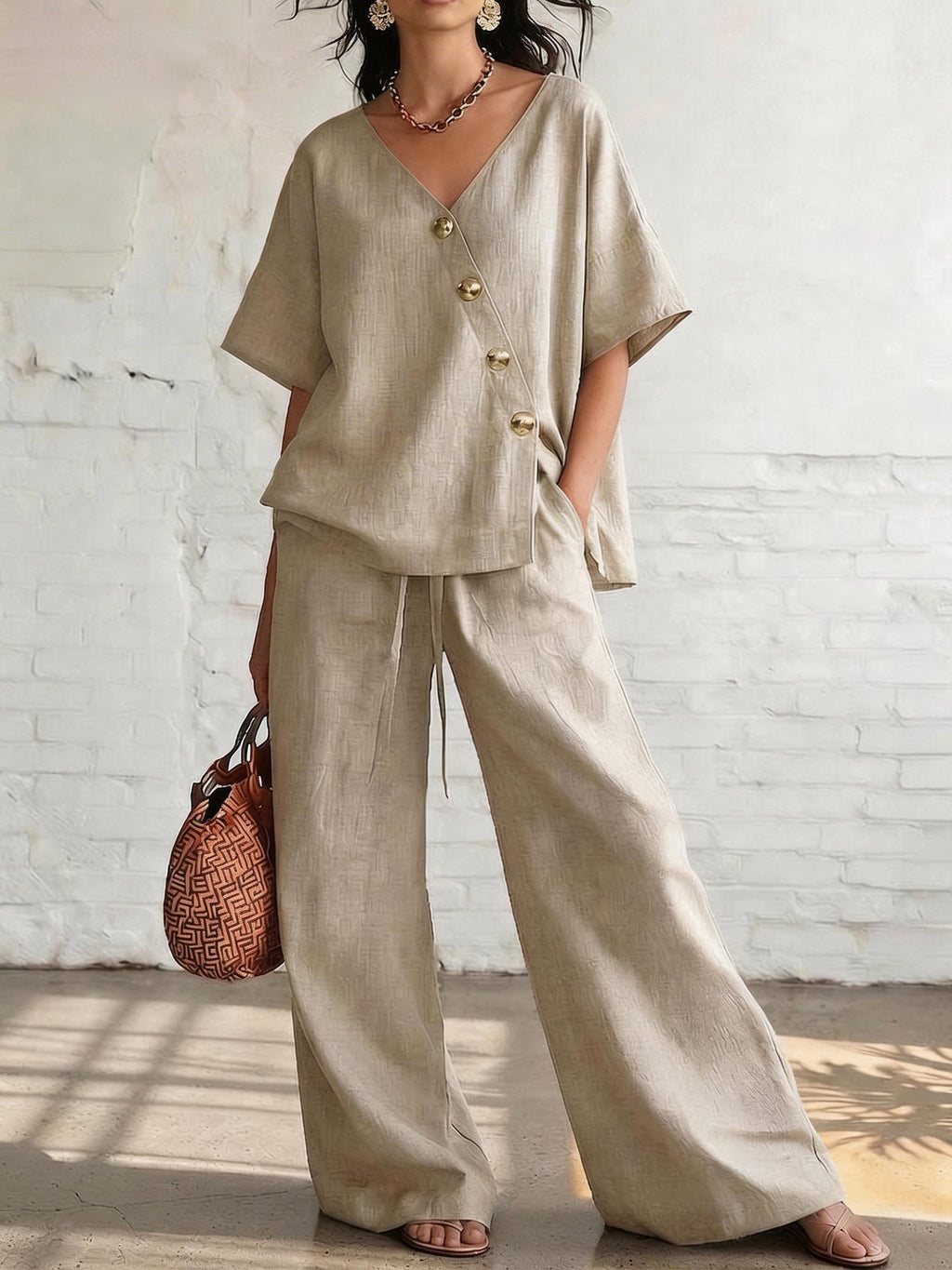 Person wearing a beige outfit with wide-leg pants and a brown bag against a white brick wall.