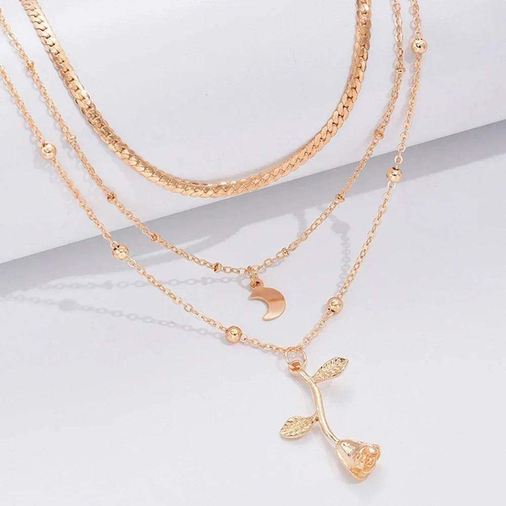 Bohemian Gold Rose Moon Layered Pendant Necklace - ZA-Zola