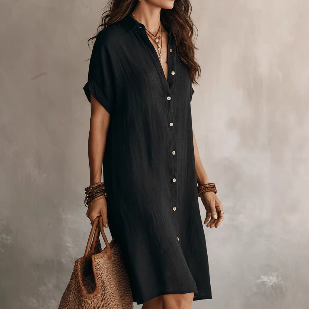 Women's Short Sleeve Buttoned Midi Shirt Dress – Casual Polyester Fashion Dress