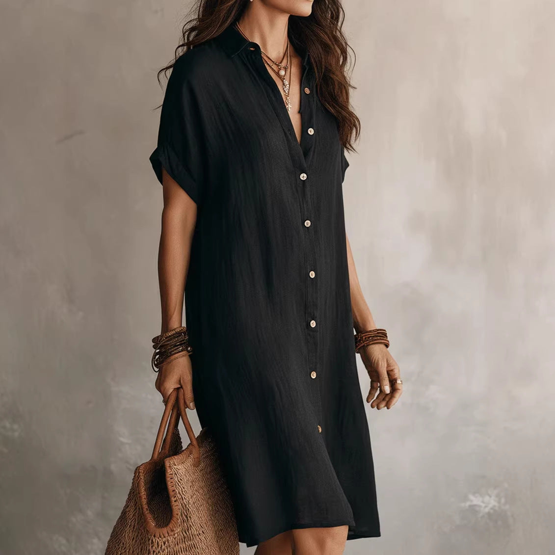 Women's Short Sleeve Buttoned Midi Shirt Dress – Casual Polyester Fashion Dress