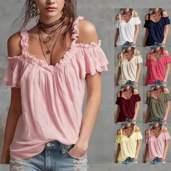Pink off-shoulder top worn by a model with color swatches of other tops.