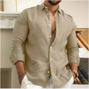 Man wearing a beige linen shirt with a blurred background