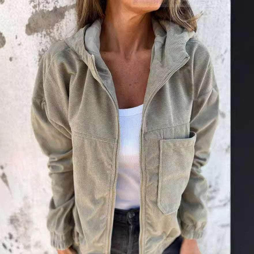 Women’s Corduroy Hooded Jacket with Zipper - ZA-Zola