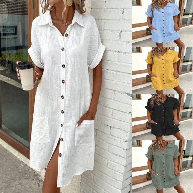 Summer Short Sleeve Shirt Dress Women Solid Color Mid-Length Loose Fit Dress