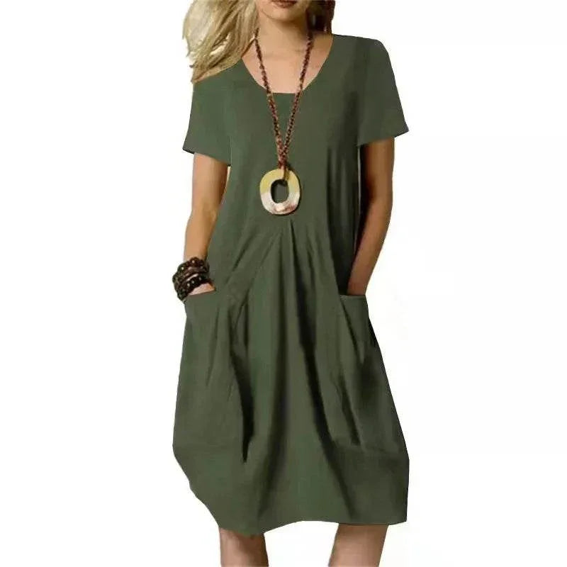 Loose Cotton Linen Round Neck Swing Dress - ZA-Zola