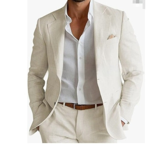 Man wearing a beige suit with a white shirt on a white background