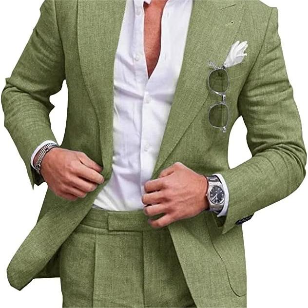 Green suit jacket with white shirt and glasses pocket square on a white background