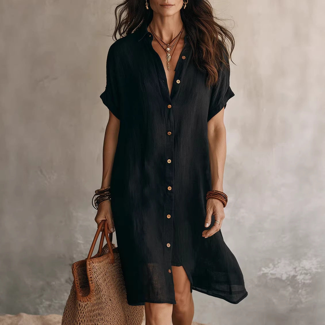 Women's Short Sleeve Buttoned Midi Shirt Dress – Casual Polyester Fashion Dress