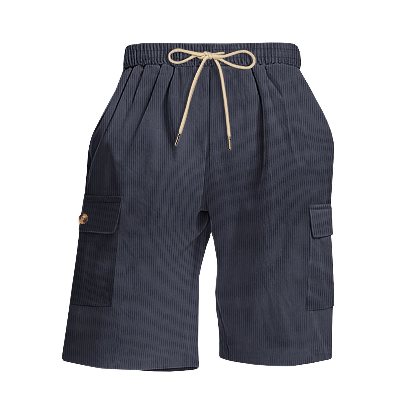 Navy cargo shorts with a beige drawstring on a white background