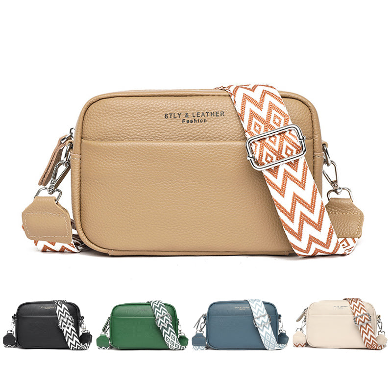 Beige handbag with a patterned strap on a white background, with additional color options displayed below.