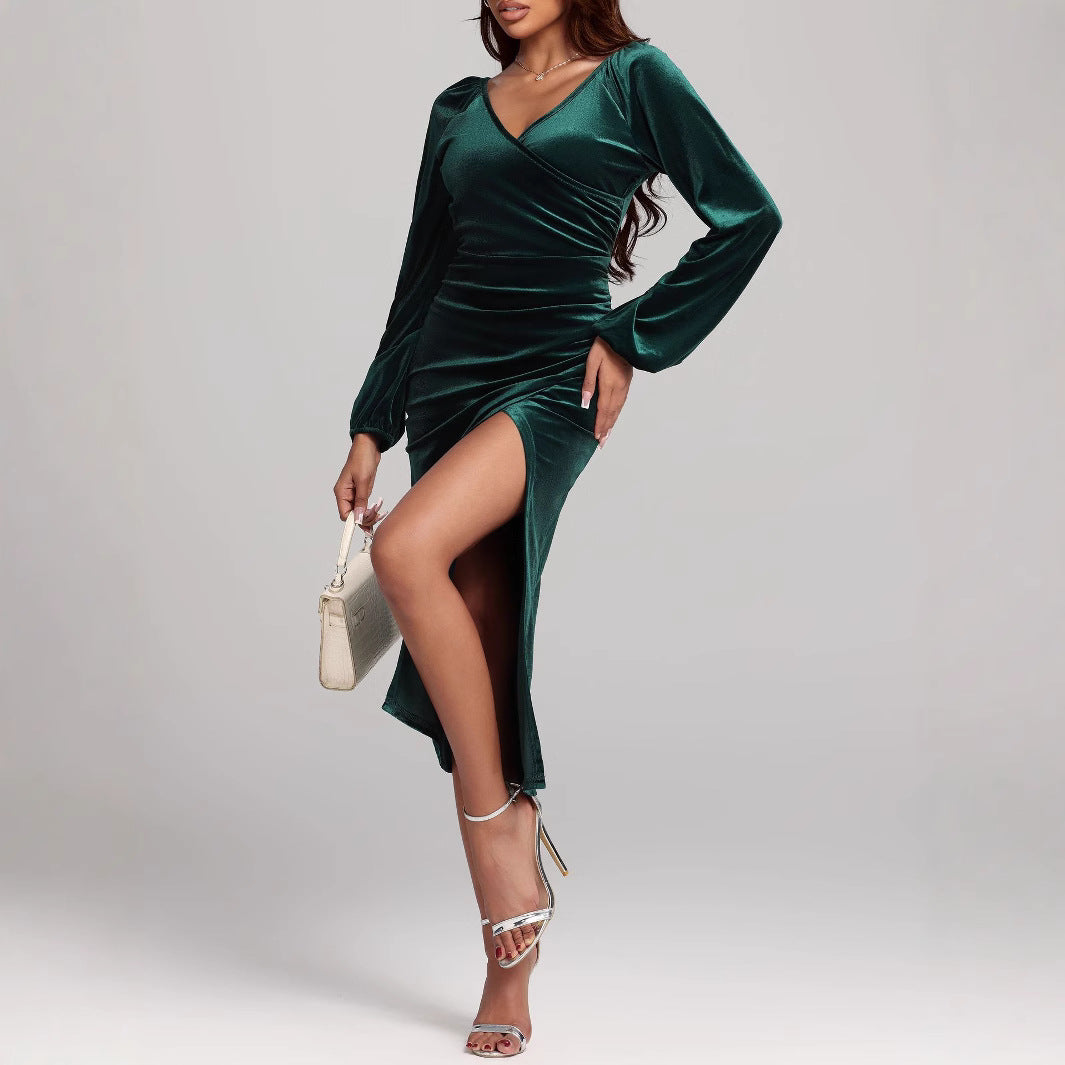 V Neck Velvet Dress | Pleated Split High Waist Midi Dress