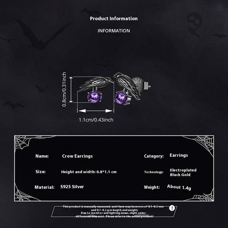 Crow earrings with product information on a dark background
